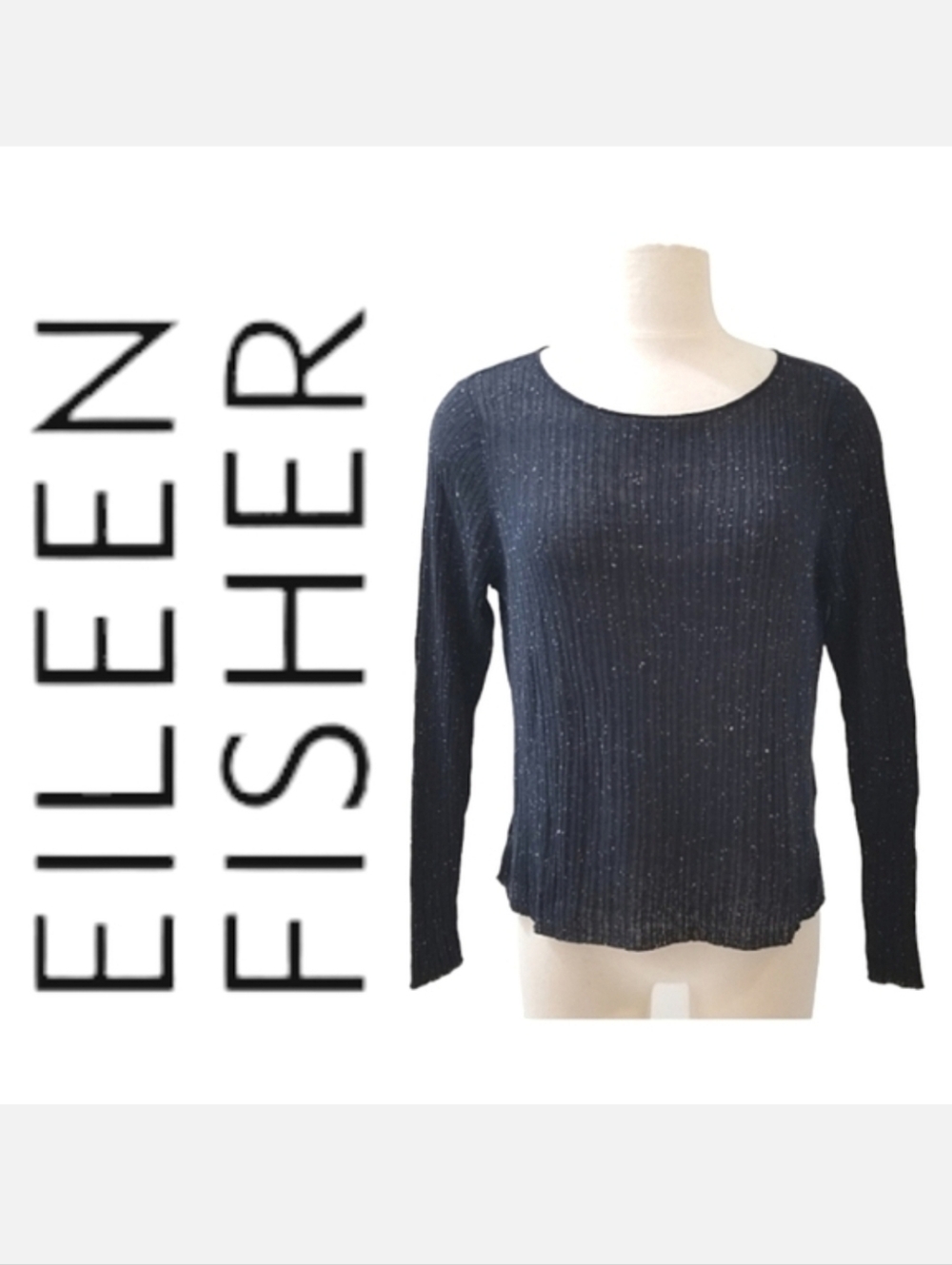Eileen Fisher Ribbed Crewneck Top Navy Stretch Long Sleeve White Flecks Sz PL